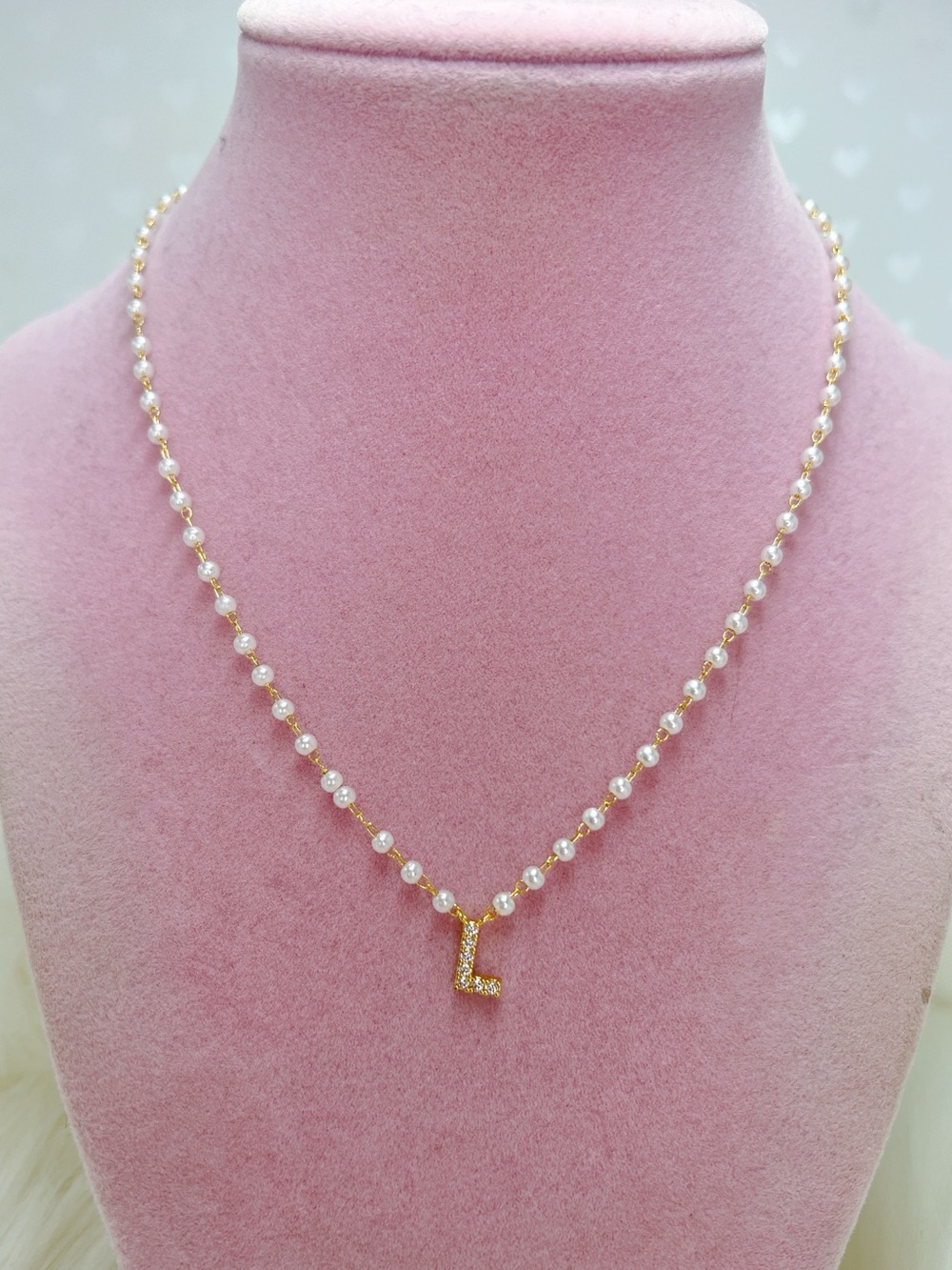 18k gold plated L pearl CZ initial letter 16” to 19” necklace